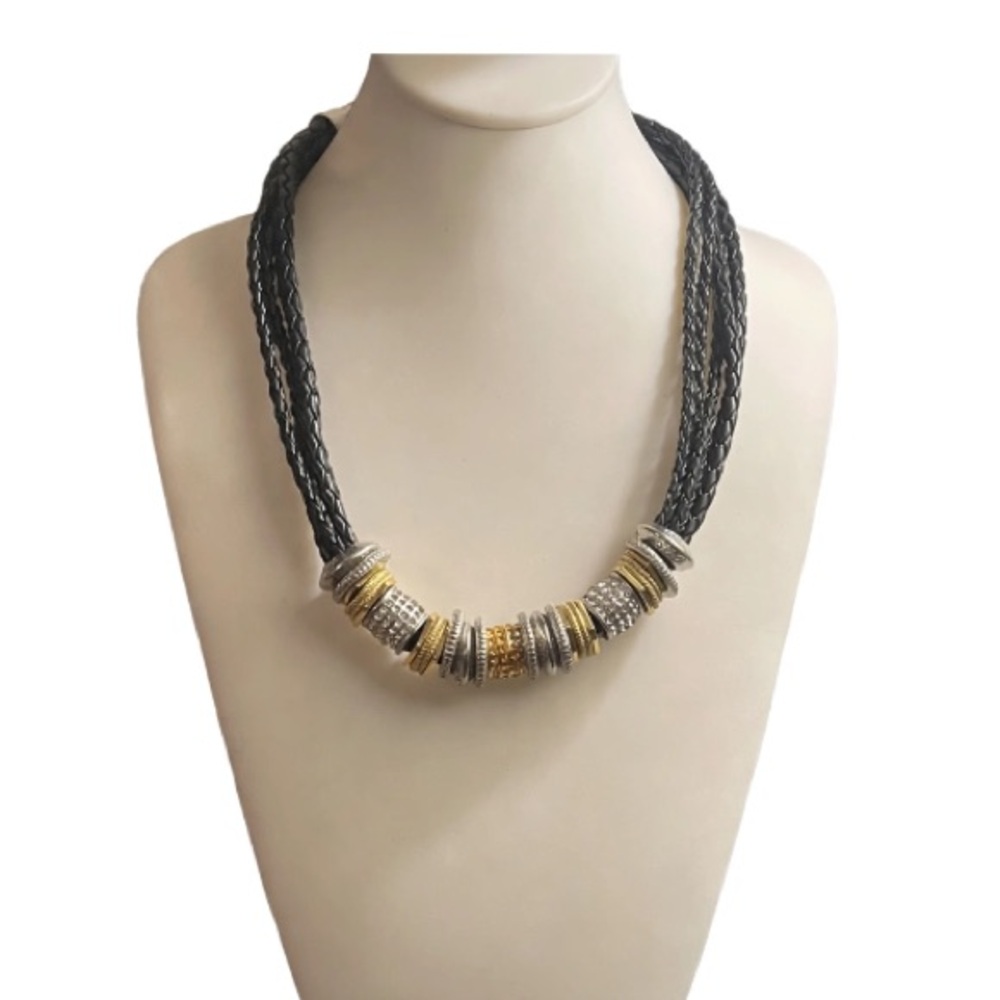 CHICO’s Rhinestone Silver and Gold Tone Black Braided Cord Necklace✨✨
